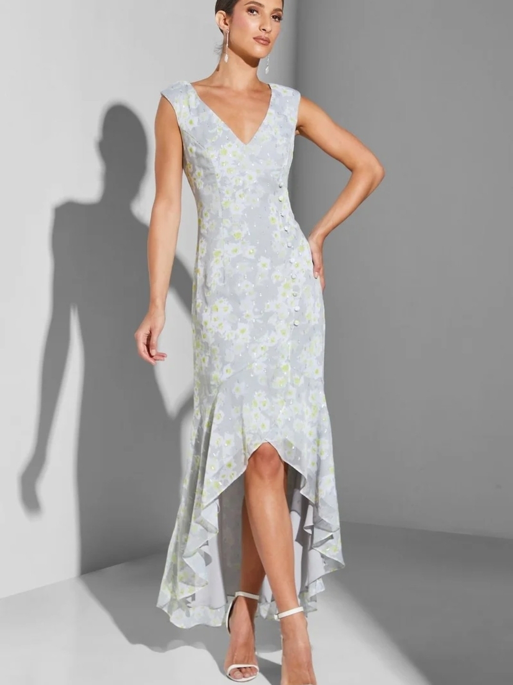 Adrianna Papell Light Blue and Pale Yellow Floral High-Low Dress